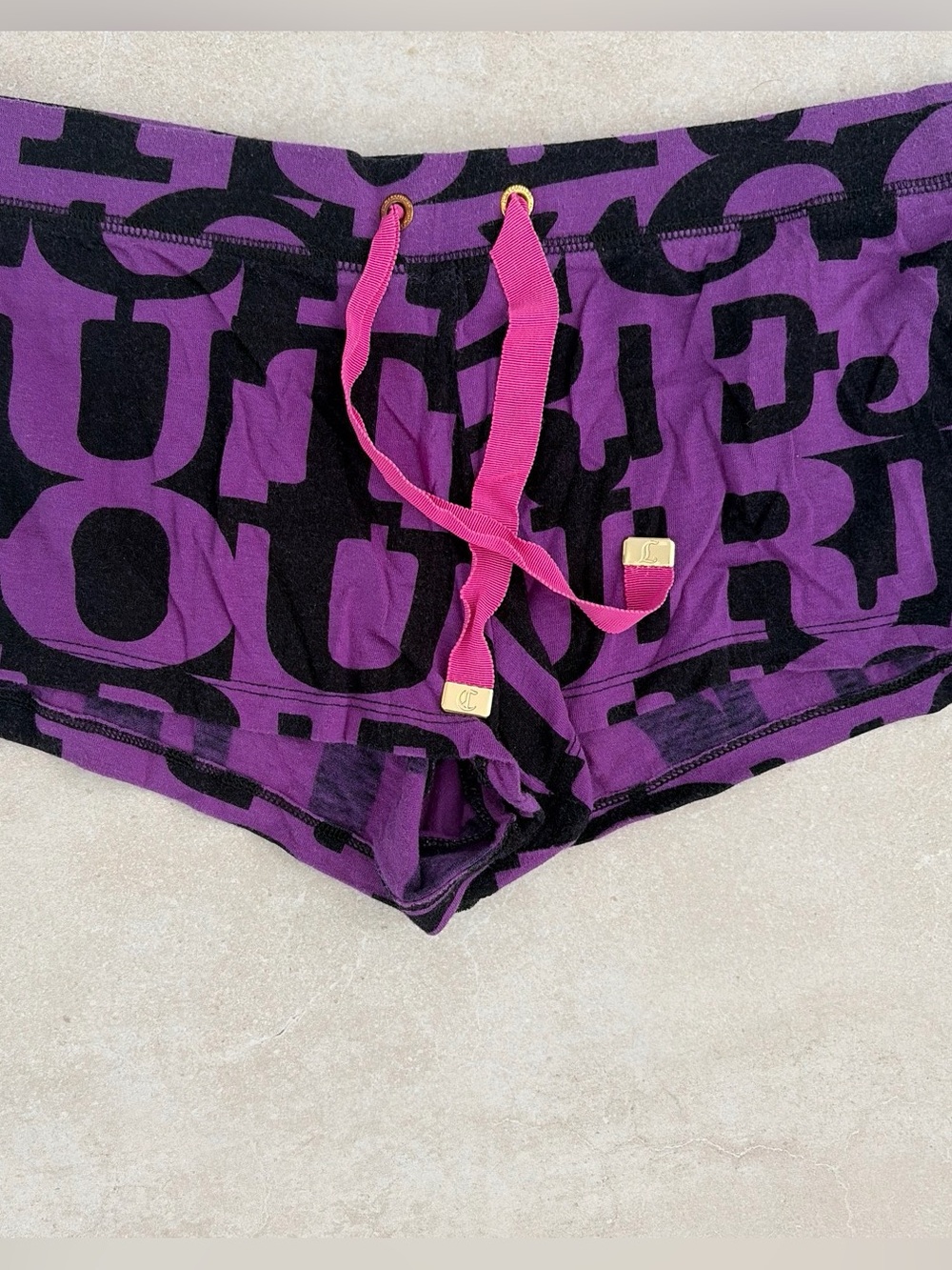 Juicy Couture Purple and Black Logo Print Drawstring Bike Shorts